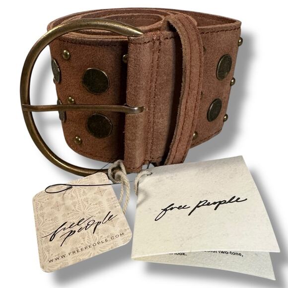 Free People Bohemian Brown Leather Suede Studded Honeydew Hip Belt Medium Large main image 5